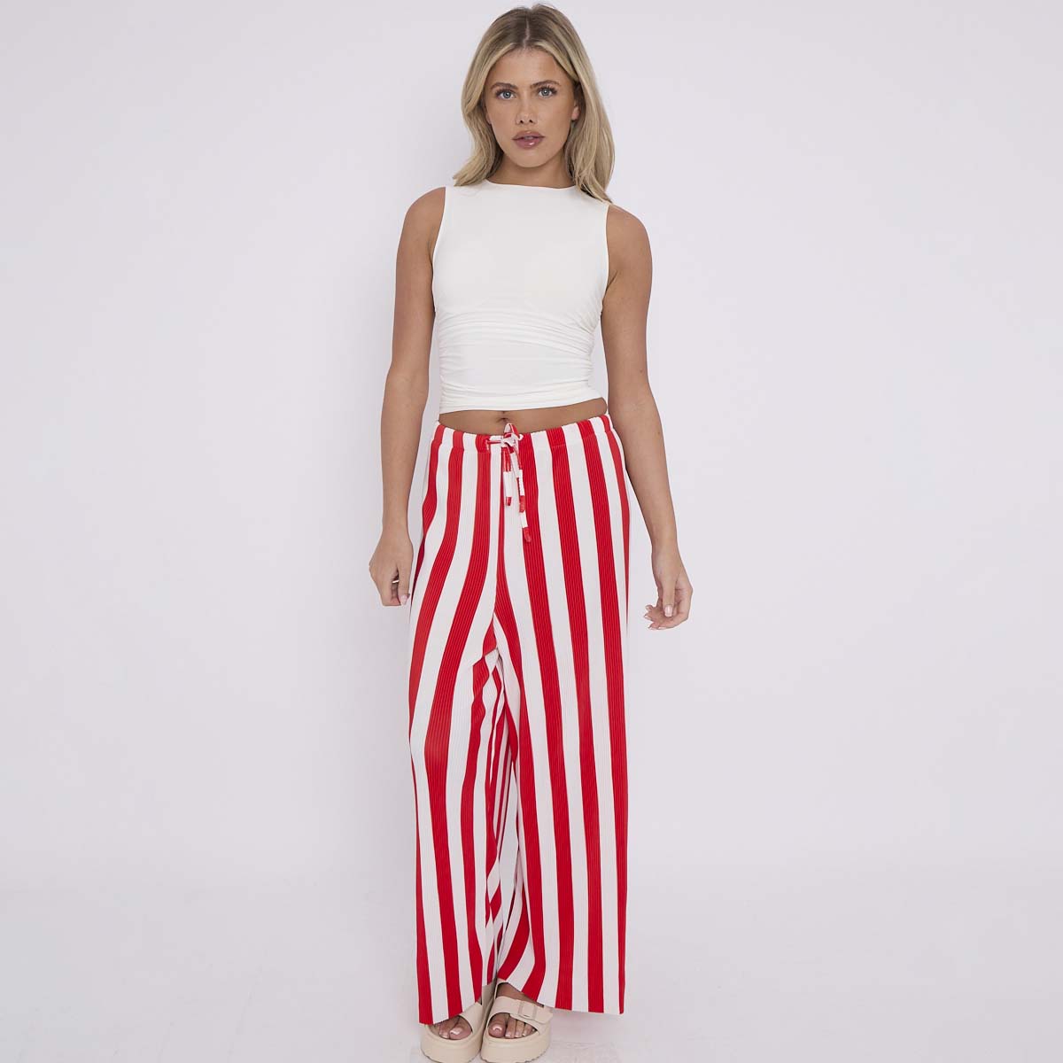 Red Stripes Abstract Print Wide-Leg Drawstring Palazzo Pleated Pants
