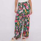 Colorful Small Florals Abstract Print Wide-Leg Drawstring Palazzo Pleated Pants