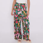 Colorful Small Florals Abstract Print Wide-Leg Drawstring Palazzo Pleated Pants