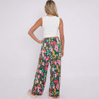 Colorful Small Florals Abstract Print Wide-Leg Drawstring Palazzo Pleated Pants