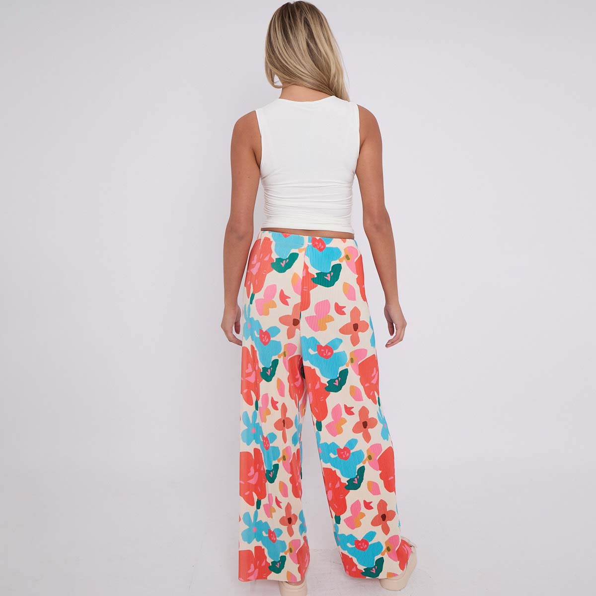 Rose Flower Print Abstract Wide-Leg Drawstring Palazzo Pleated Pants