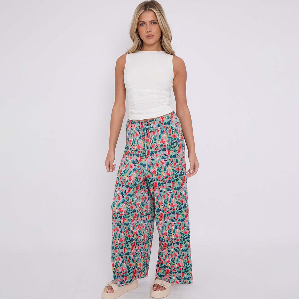 Small Florals Abstract Wide-Leg Drawstring Palazzo Pleated Pants