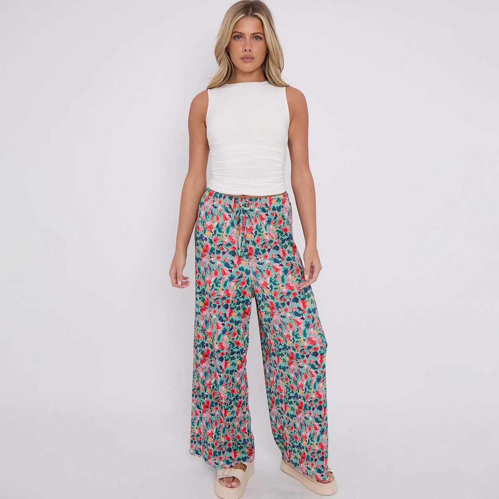 Small Florals Abstract Wide-Leg Drawstring Palazzo Pleated Pants