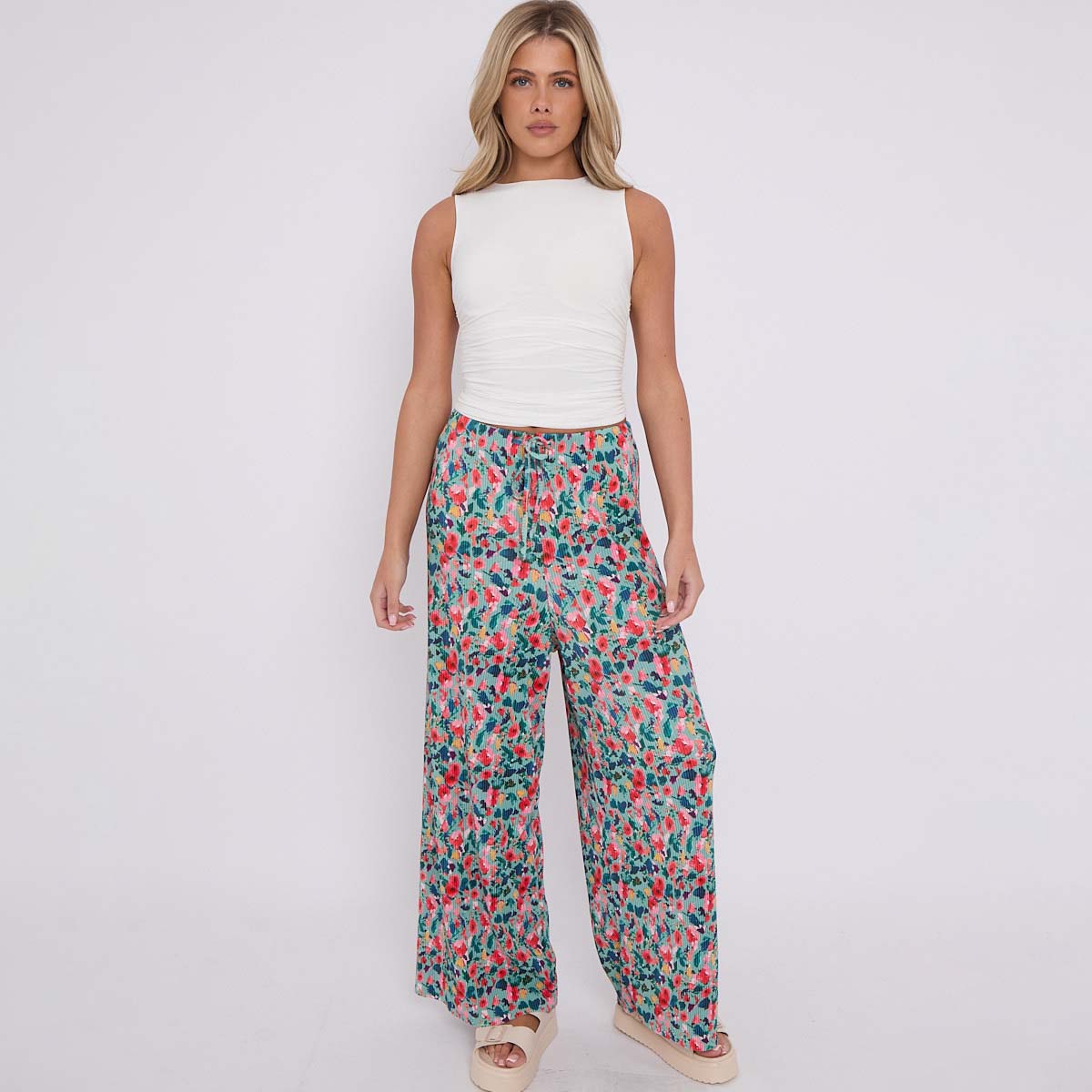 Small Florals Abstract Wide-Leg Drawstring Palazzo Pleated Pants
