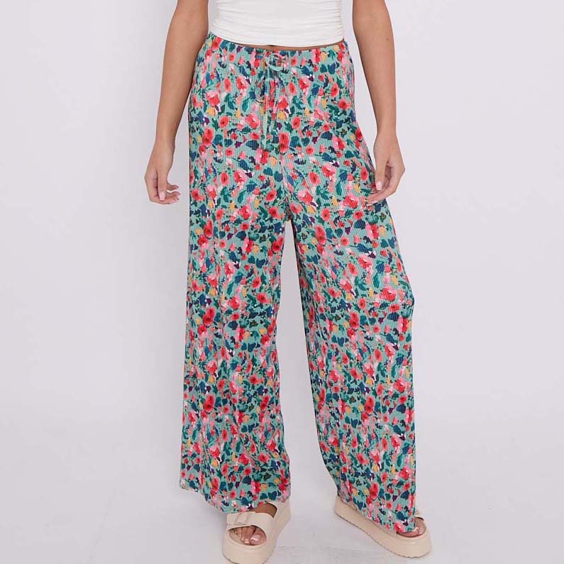 Small Florals Abstract Wide-Leg Drawstring Palazzo Pleated Pants