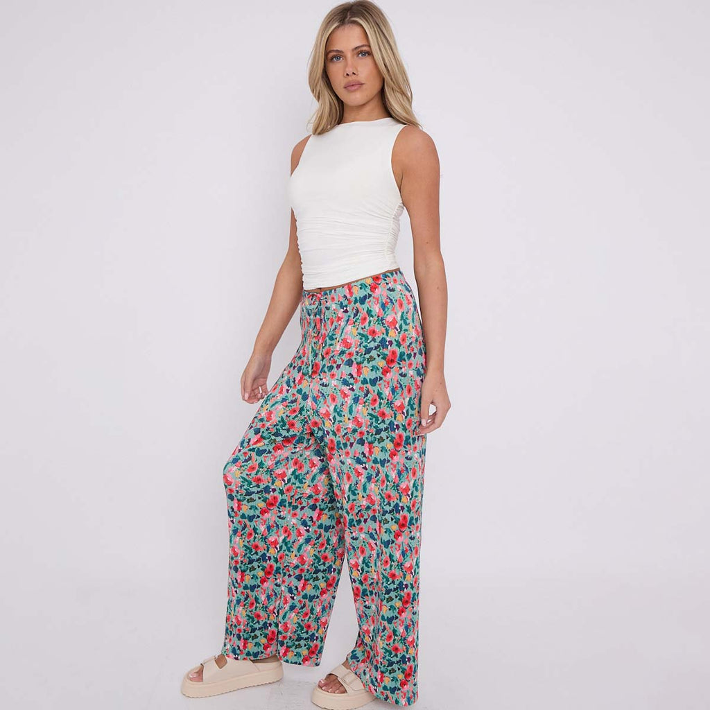 Small Florals Abstract Wide-Leg Drawstring Palazzo Pleated Pants