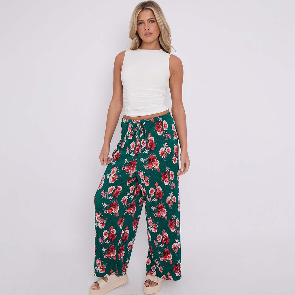 Dark Green Flower Print Abstract Wide-Leg Drawstring Palazzo Pleated Pants