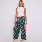 Dark Green Flower Print Abstract Wide-Leg Drawstring Palazzo Pleated Pants
