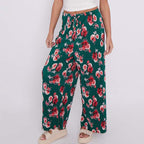 Dark Green Flower Print Abstract Wide-Leg Drawstring Palazzo Pleated Pants