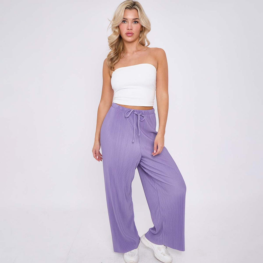 Purple Solid Color Lilac Wide-Leg Drawstring Pants Palazzo Pleated Pants
