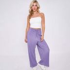 Purple Solid Color Lilac Wide-Leg Drawstring Pants Palazzo Pleated Pants