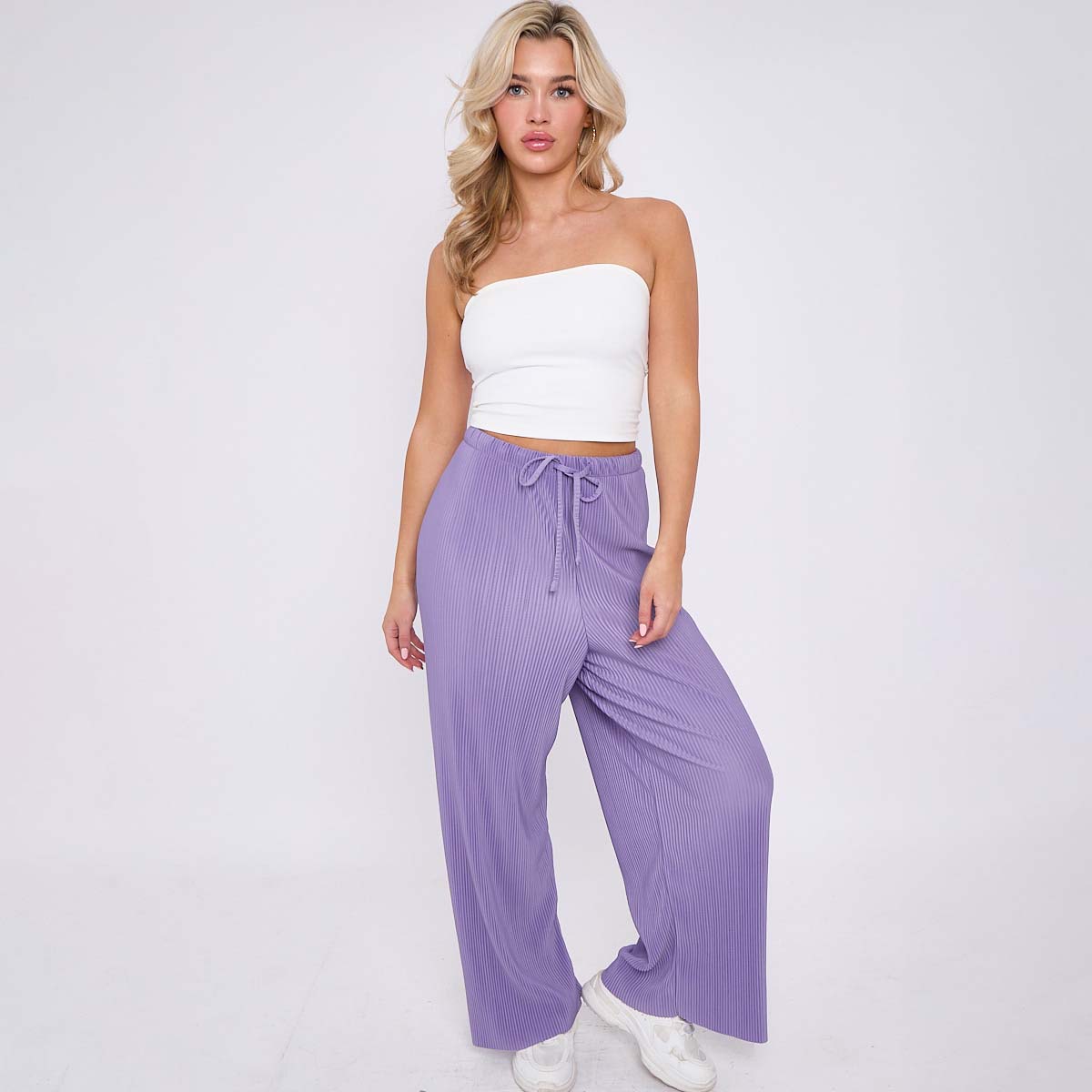 Purple Solid Color Lilac Wide-Leg Drawstring Pants Palazzo Pleated Pants