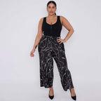 Black Line Art Abstract Print Wide-Leg Drawstring Palazzo Pleated Pants XPLUS(4XL-5XL)