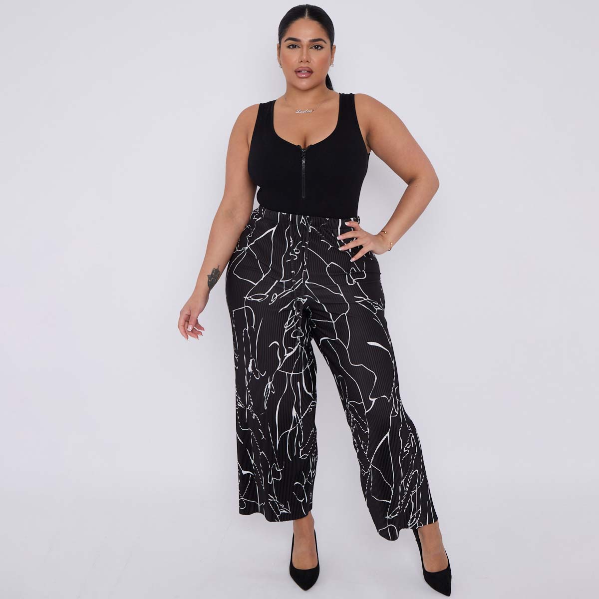 Black Line Art Abstract Print Wide-Leg Drawstring Palazzo Pleated Pants PLUS(2XL-3XL)