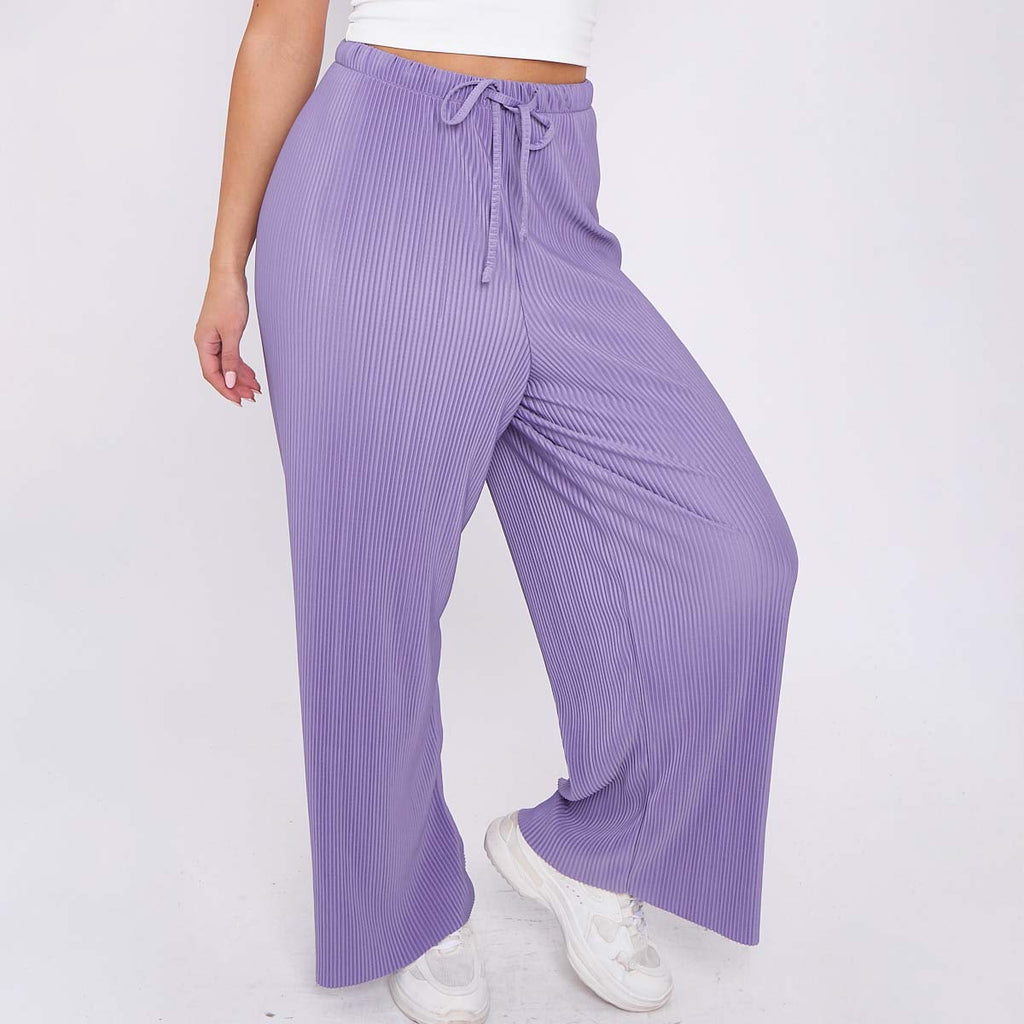 Purple Solid Color Lilac Wide-Leg Drawstring Pants Palazzo Pleated Pants
