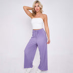 Purple Solid Color Lilac Wide-Leg Drawstring Pants Palazzo Pleated Pants