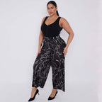 Black Line Art Abstract Print Wide-Leg Drawstring Palazzo Pleated Pants PLUS(2XL-3XL)