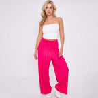 Pink Solid Color Magenta Wide-Leg Drawstring Pants Palazzo Pleated Pants