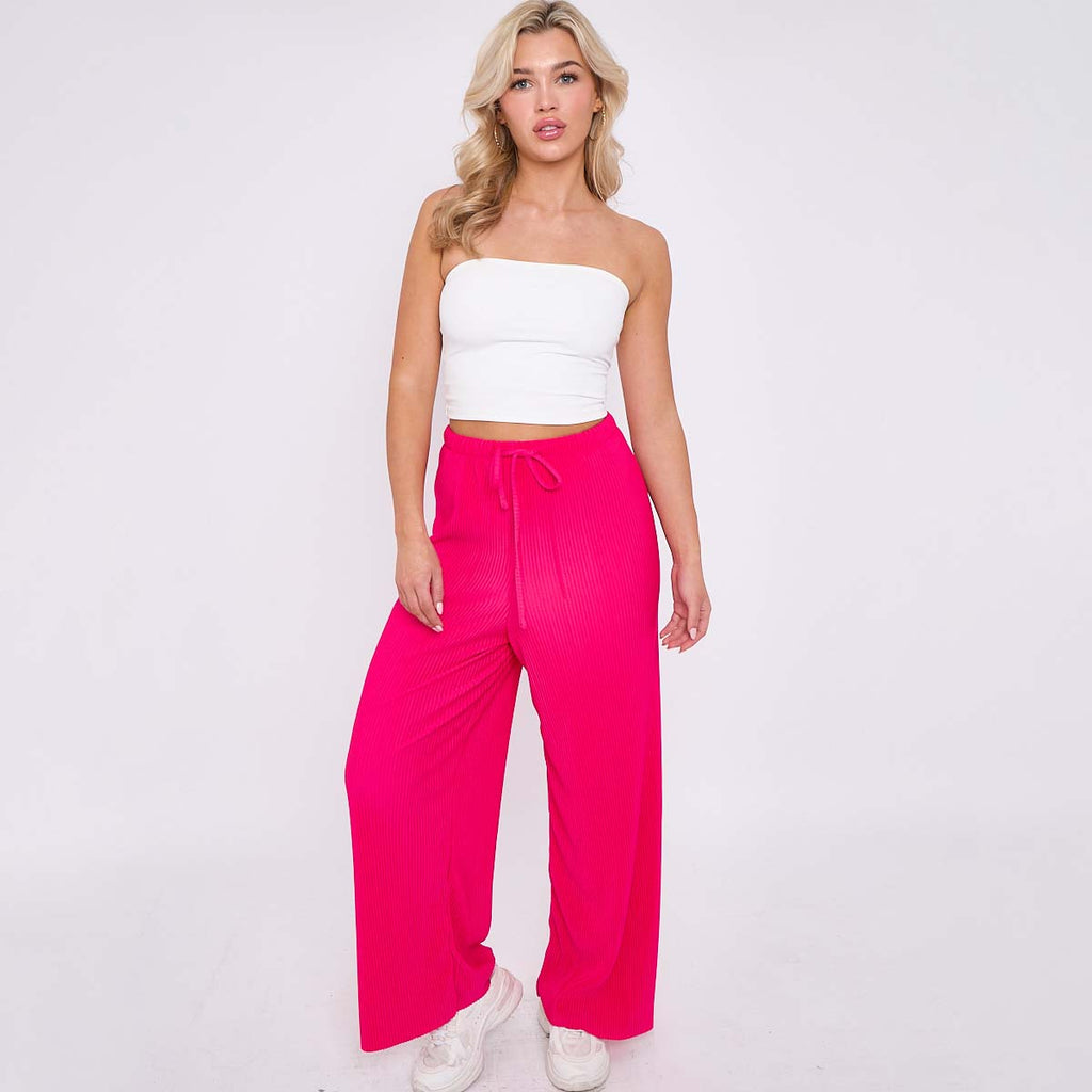 Pink Solid Color Magenta Wide-Leg Drawstring Pants Palazzo Pleated Pants