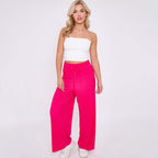 Pink Solid Color Magenta Wide-Leg Drawstring Pants Palazzo Pleated Pants