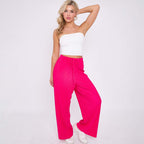 Pink Solid Color Magenta Wide-Leg Drawstring Pants Palazzo Pleated Pants