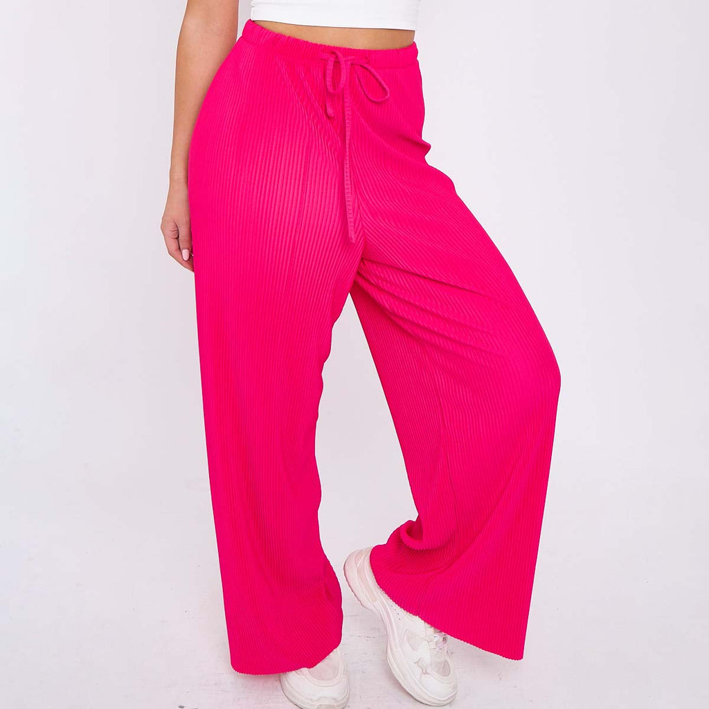 Pink Solid Color Magenta Wide-Leg Drawstring Pants Palazzo Pleated Pants