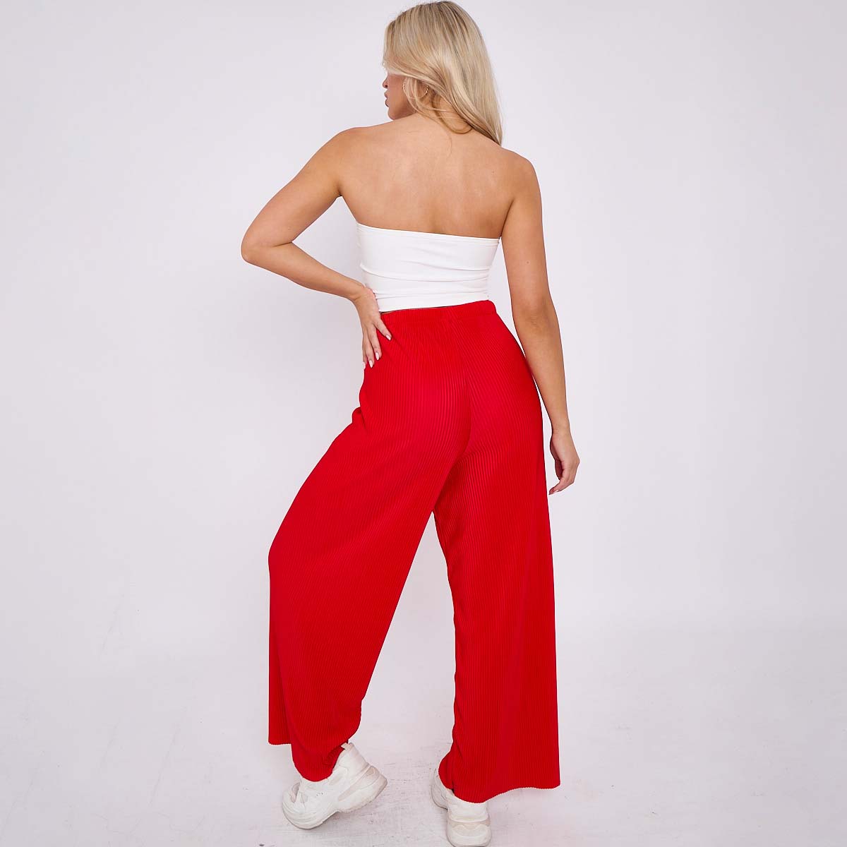 Red Wide-Leg Drawstring Pants Palazzo Pleated Pants