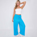 Blue Solid Color Wide-Leg Drawstring Palazzo Pleated Pants