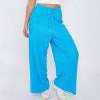 Blue Solid Color Wide-Leg Drawstring Palazzo Pleated Pants