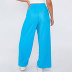 Blue Solid Color Wide-Leg Drawstring Palazzo Pleated Pants