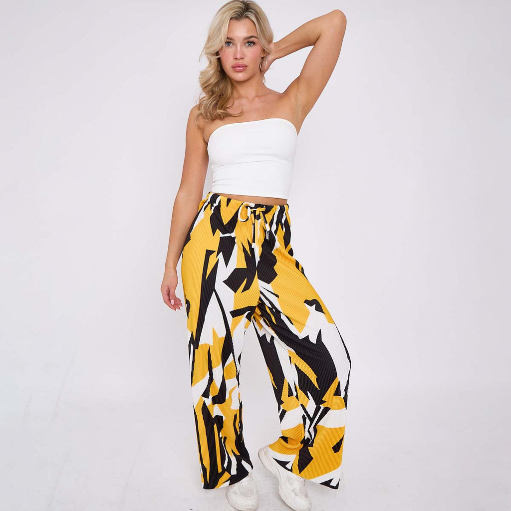 ChicHero Abstract Print Wide-Leg Drawstring Pants Palazzo Pleated Pants