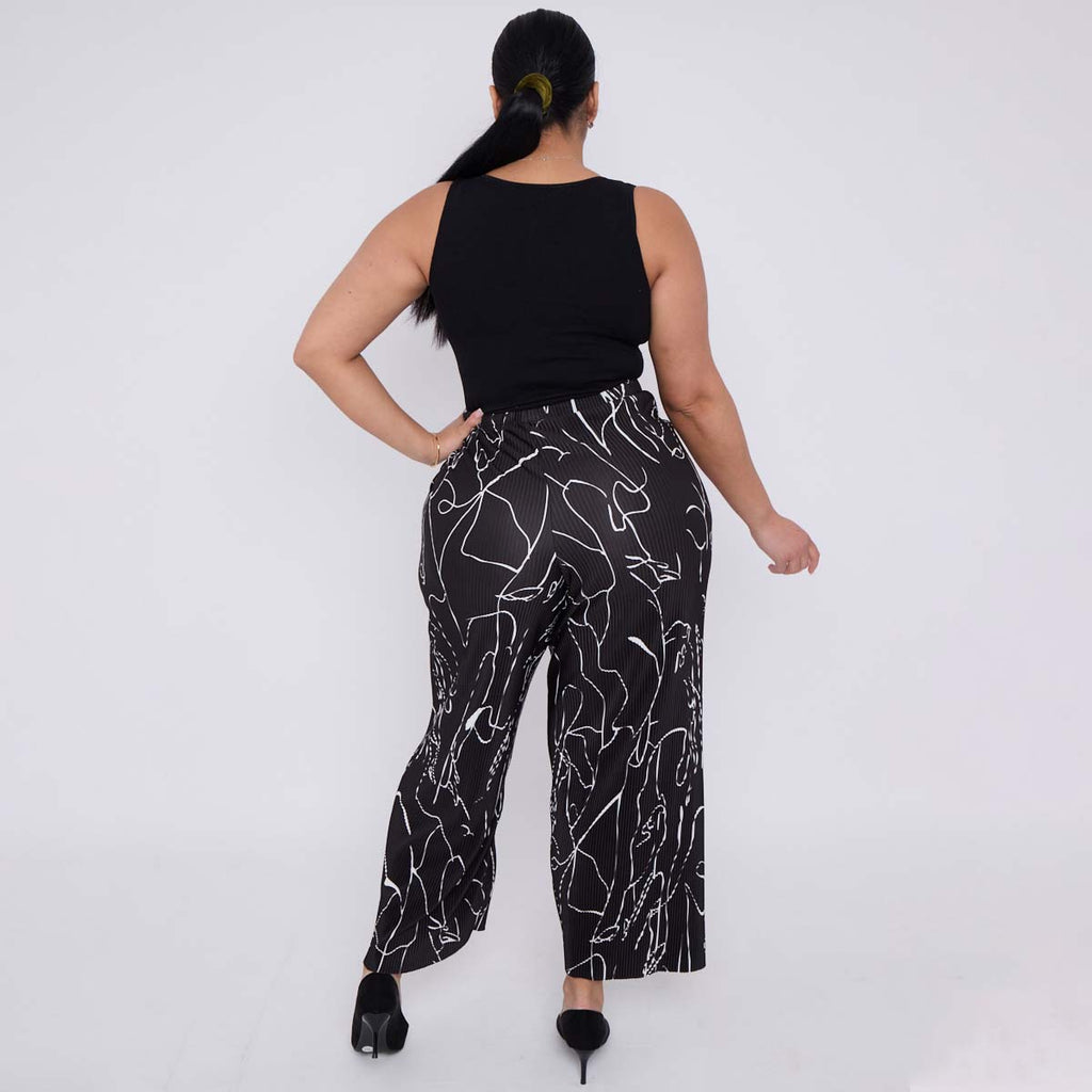 Black Line Art Abstract Print Wide-Leg Drawstring Palazzo Pleated Pants PLUS(2XL-3XL)