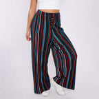Black Stripe Abstract Print Wide-Leg Drawstring Palazzo Pleated Pants PLUS(2XL-3XL)
