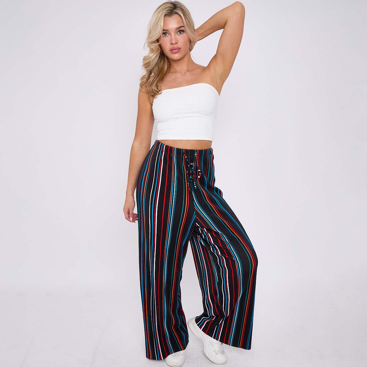 Black Stripe Abstract Print Wide-Leg Drawstring Palazzo Pleated Pants PLUS(2XL-3XL)