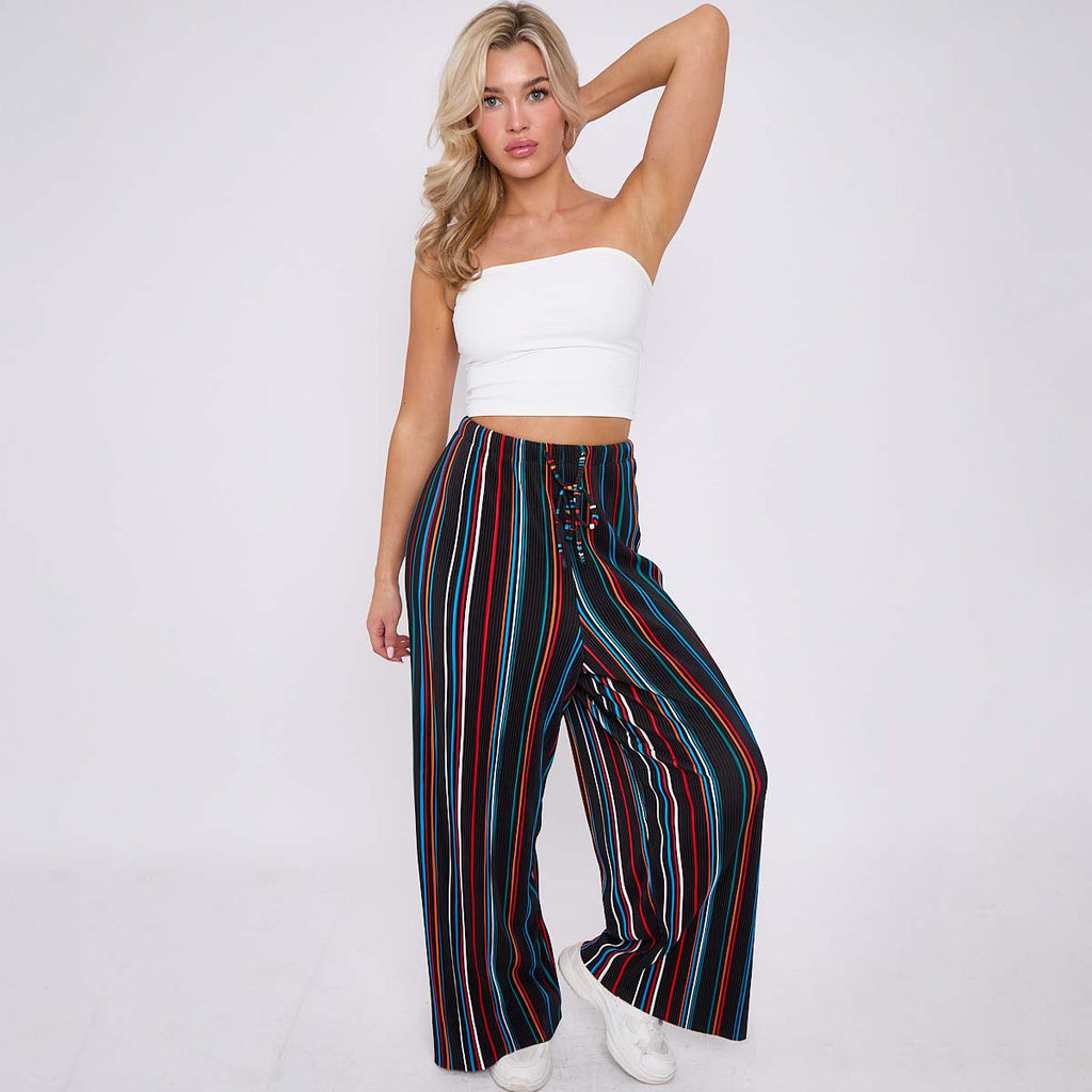 Black Stripe Abstract Print Wide-Leg Drawstring Palazzo Pleated Pants XPLUS(4XL-5XL)