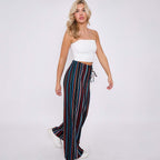 Black Stripe Abstract Print Wide-Leg Drawstring Palazzo Pleated Pants CORE(0XL-XL)
