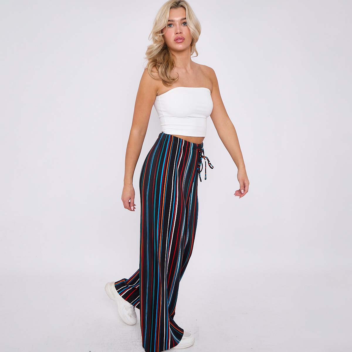 Black Stripe Abstract Print Wide-Leg Drawstring Palazzo Pleated Pants XXPLUS(6XL+)