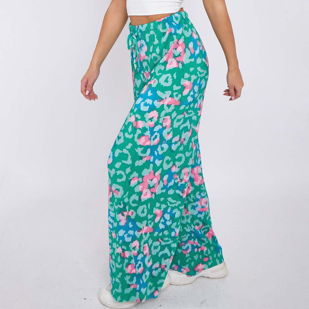 Green Print Abstract Wide-Leg Drawstring Palazzo Pleated Pants