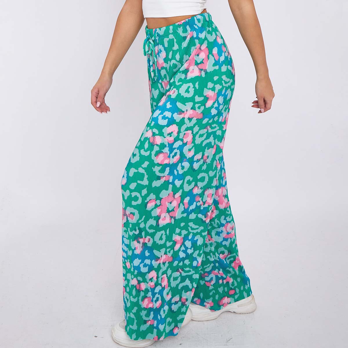 Green Print Abstract Wide-Leg Drawstring Palazzo Pleated Pants