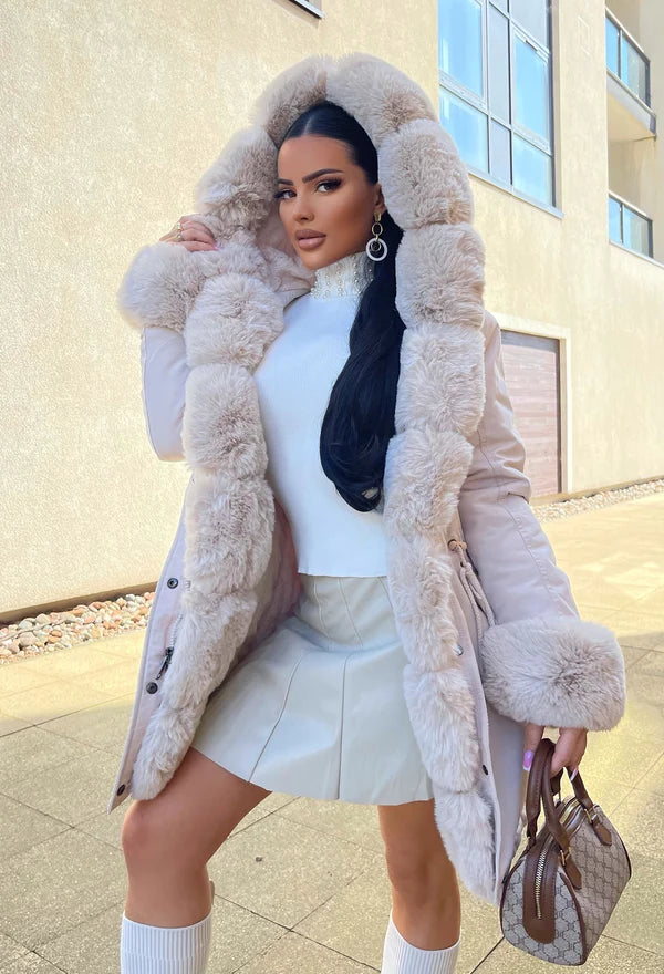 New Faux Fur Hooded Toggle Coat