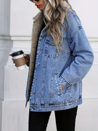 Women's Fall Winter Casual Fashion Jacket, Elegant Solid Color Stand Collar Thickened Warm Denim Coat, Versatile Outerwear for Women
