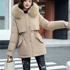 Women's winter coat with loose hood and thick synthetic fleece