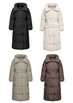 Extra Long Length Belted Button Puffer Jacket Splashproof