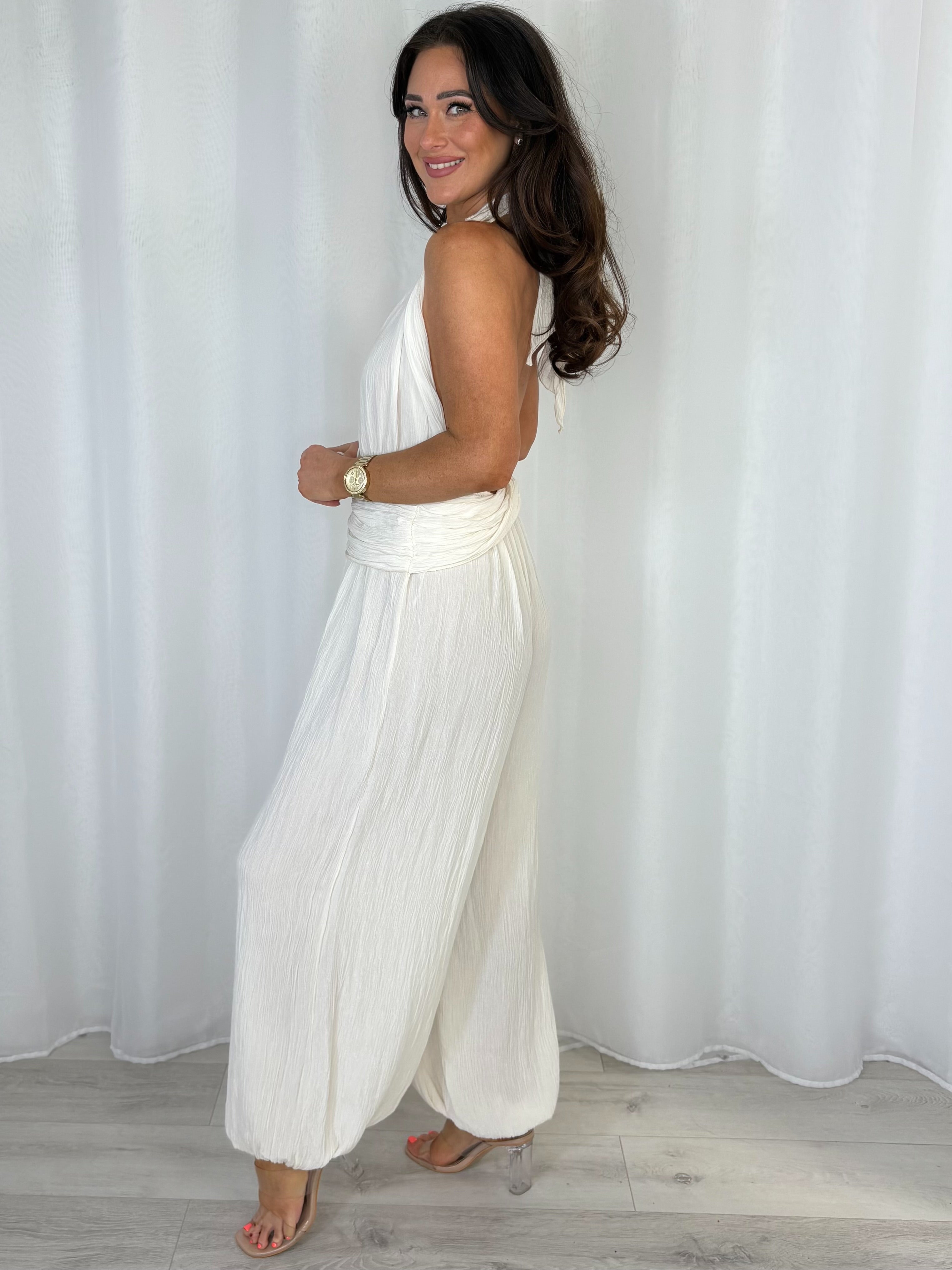 Crinkle Shimmer Halter Neck Drape Detail Backless Jumpsuit (7 Colours)