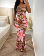 Women's Strapless Leopard Floral Print Mermaid Dress Sleeveless Bodycon Maxi Dress Tropical Vacation Party Gown
