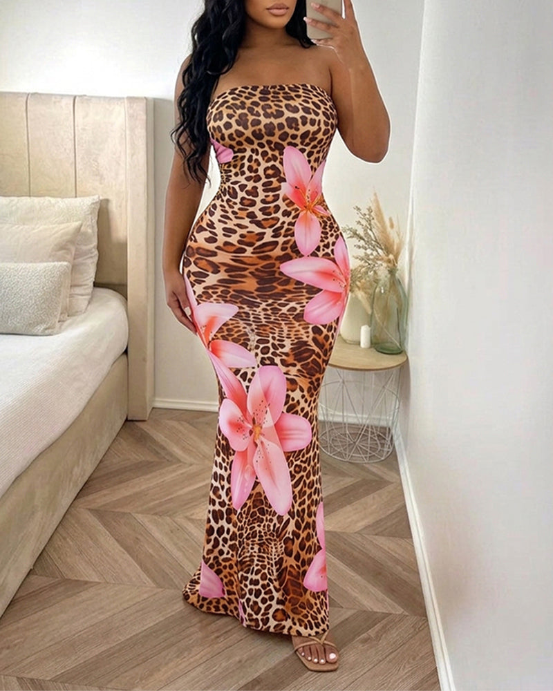 Women's Strapless Leopard Floral Print Mermaid Dress Sleeveless Bodycon Maxi Dress Tropical Vacation Party Gown