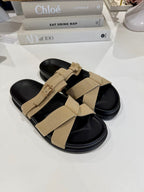 Faux Suede Gold Buckle Cross Over Sandal