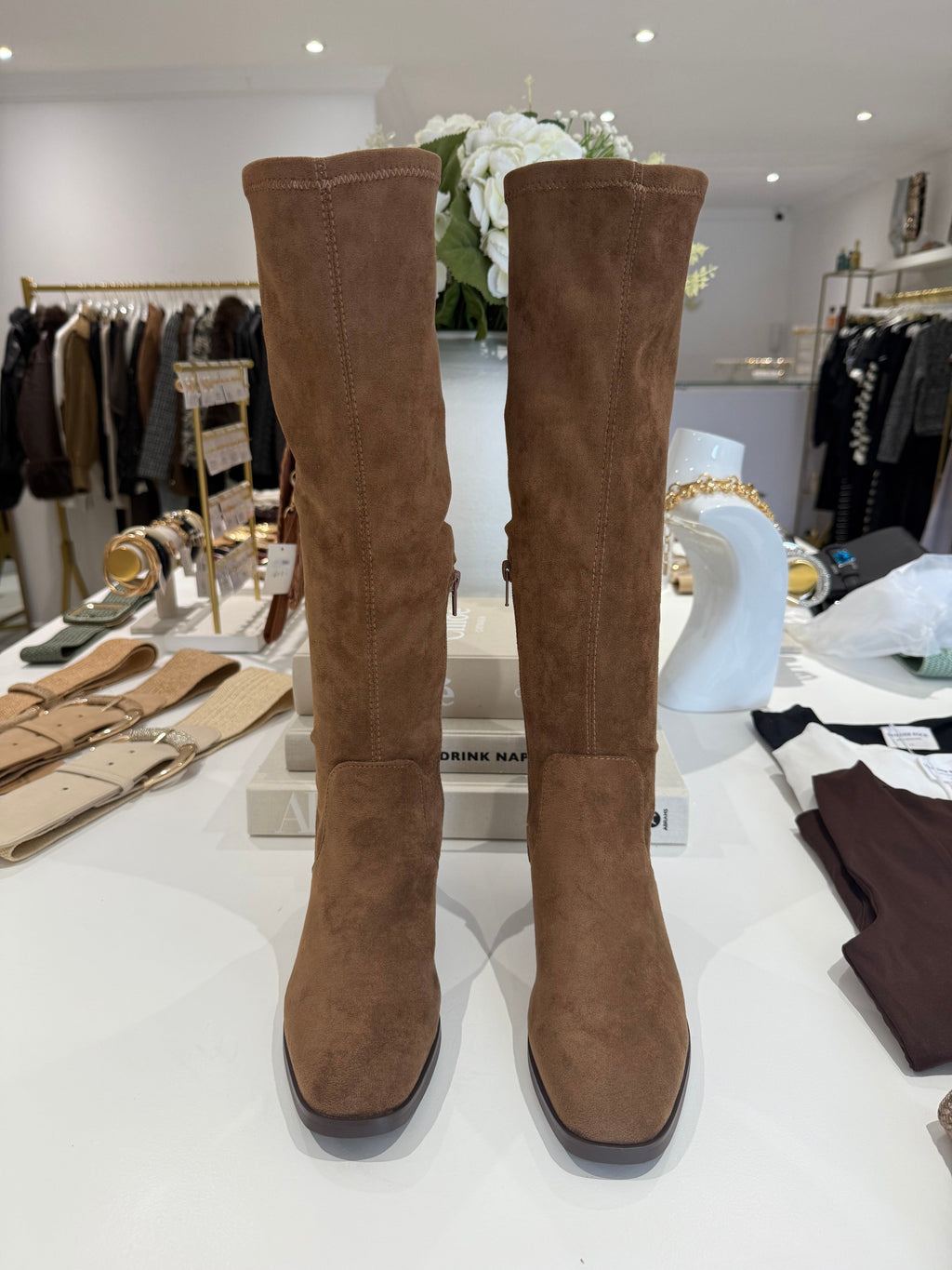 Faux Suede Knee Length Block Heel Boot (3 Colours)