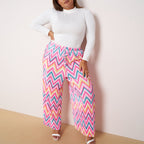 Multi Geometric Patterns Abstract Print Wide-Leg Drawstring Palazzo Pleated Pants