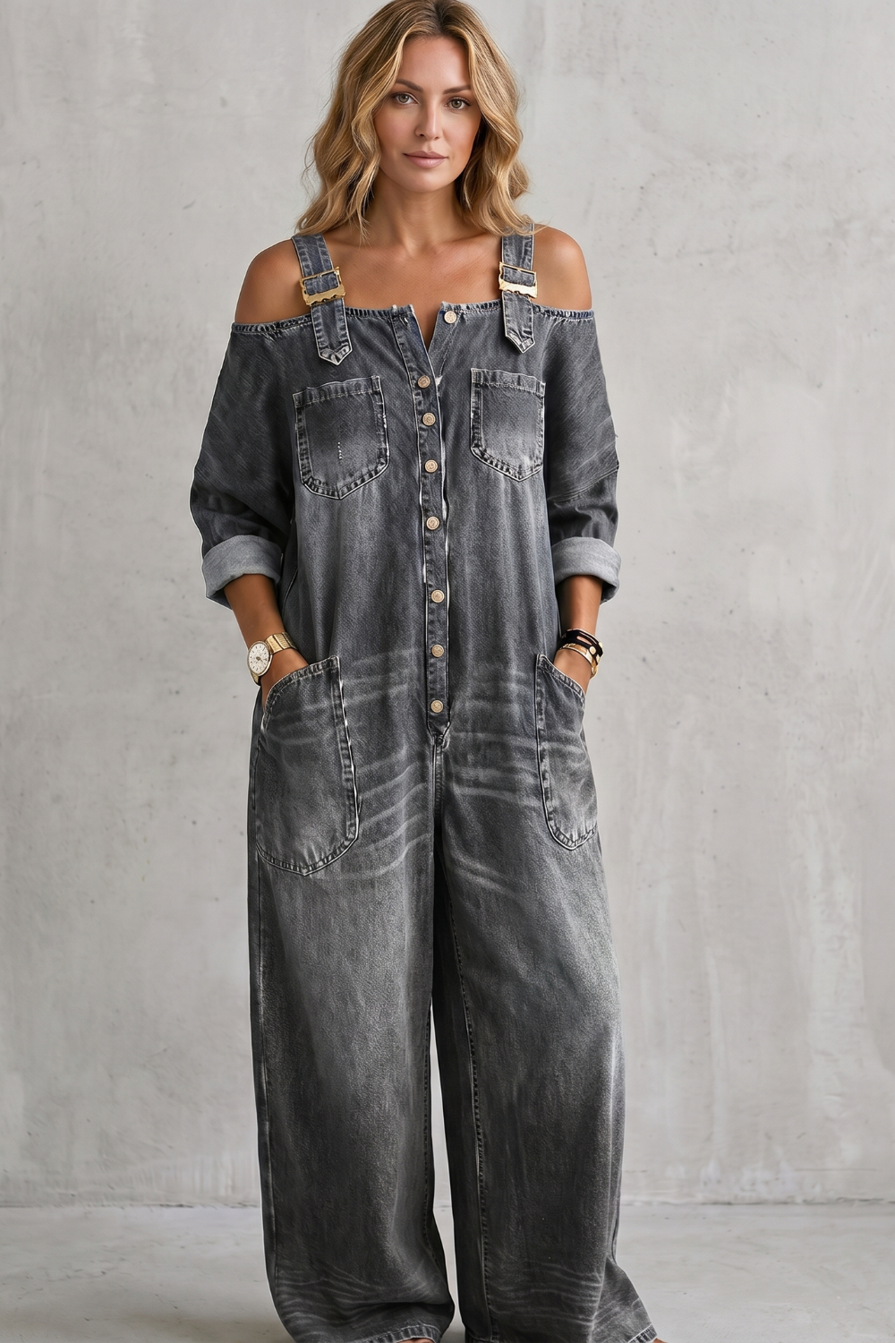 Denimora | Off-Shoulder Wide-Leg Overalls